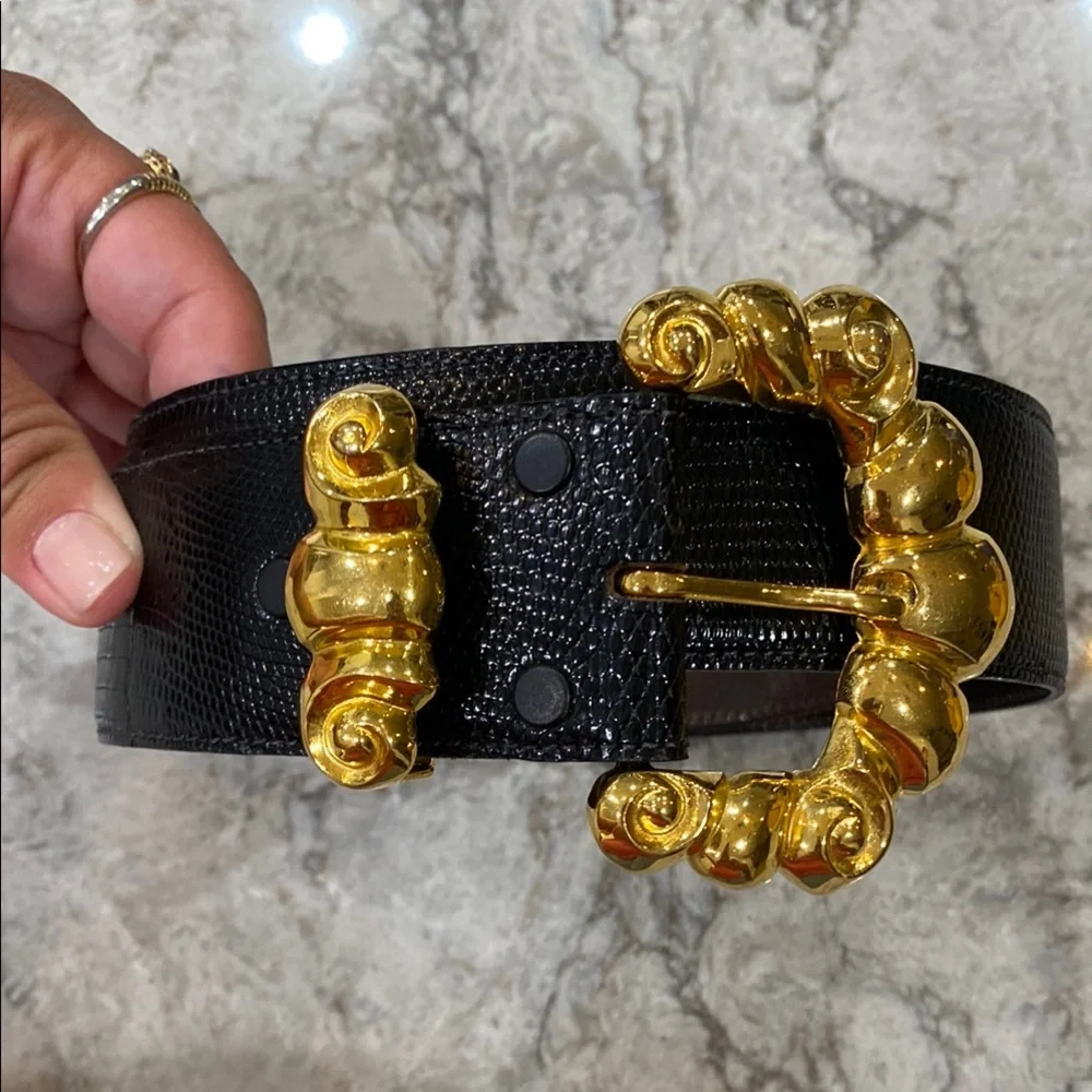 Kleinberg Sherrill Genuine Exotic Leather Belt w/ Gold Bubbly Buckle Detail 1988